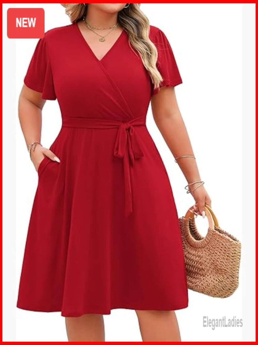 Plus Size V-Neck Knee Length Dress with Pockets Summer